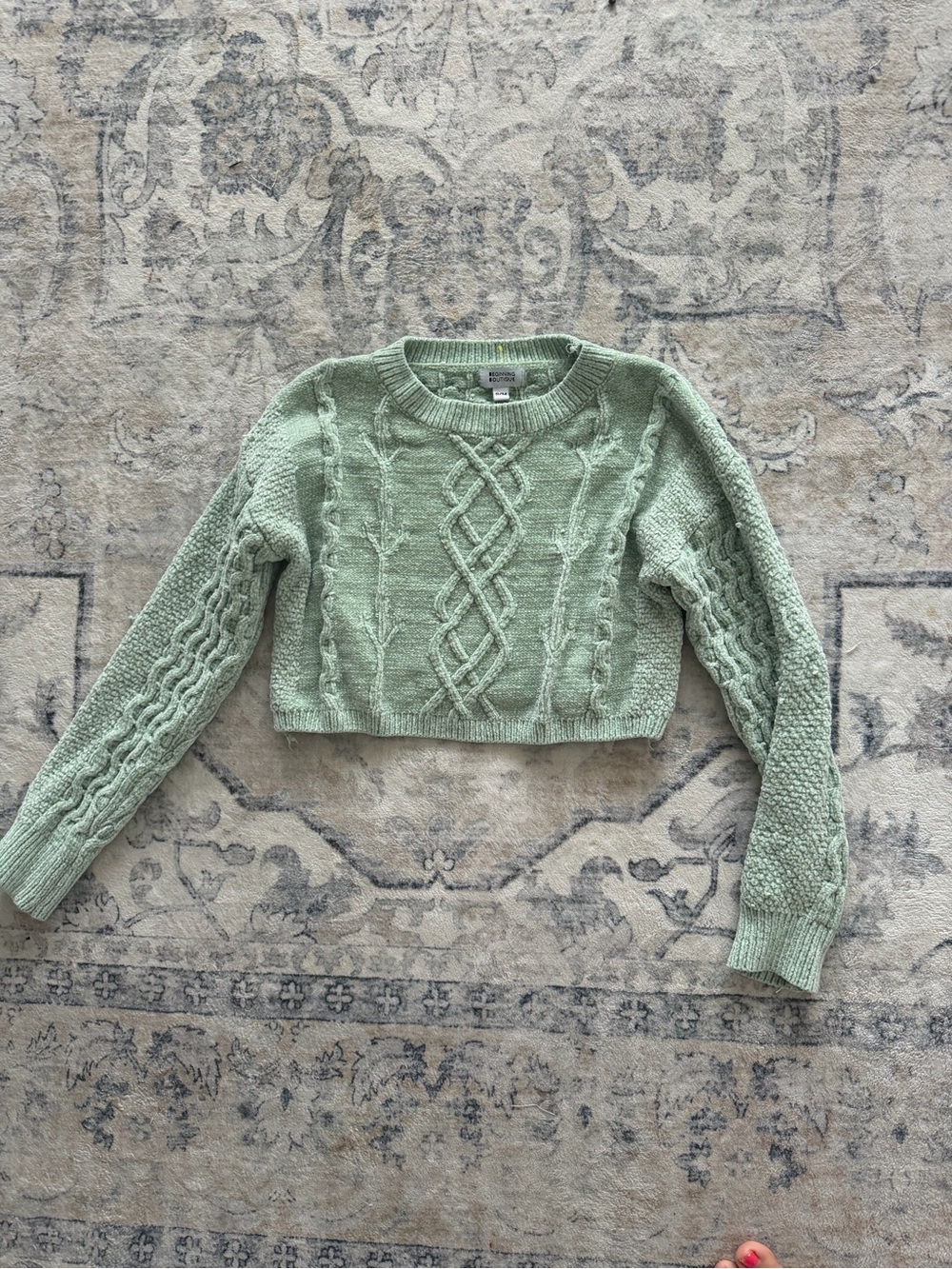 Cropped Cable Knit Sweater - Sage Green